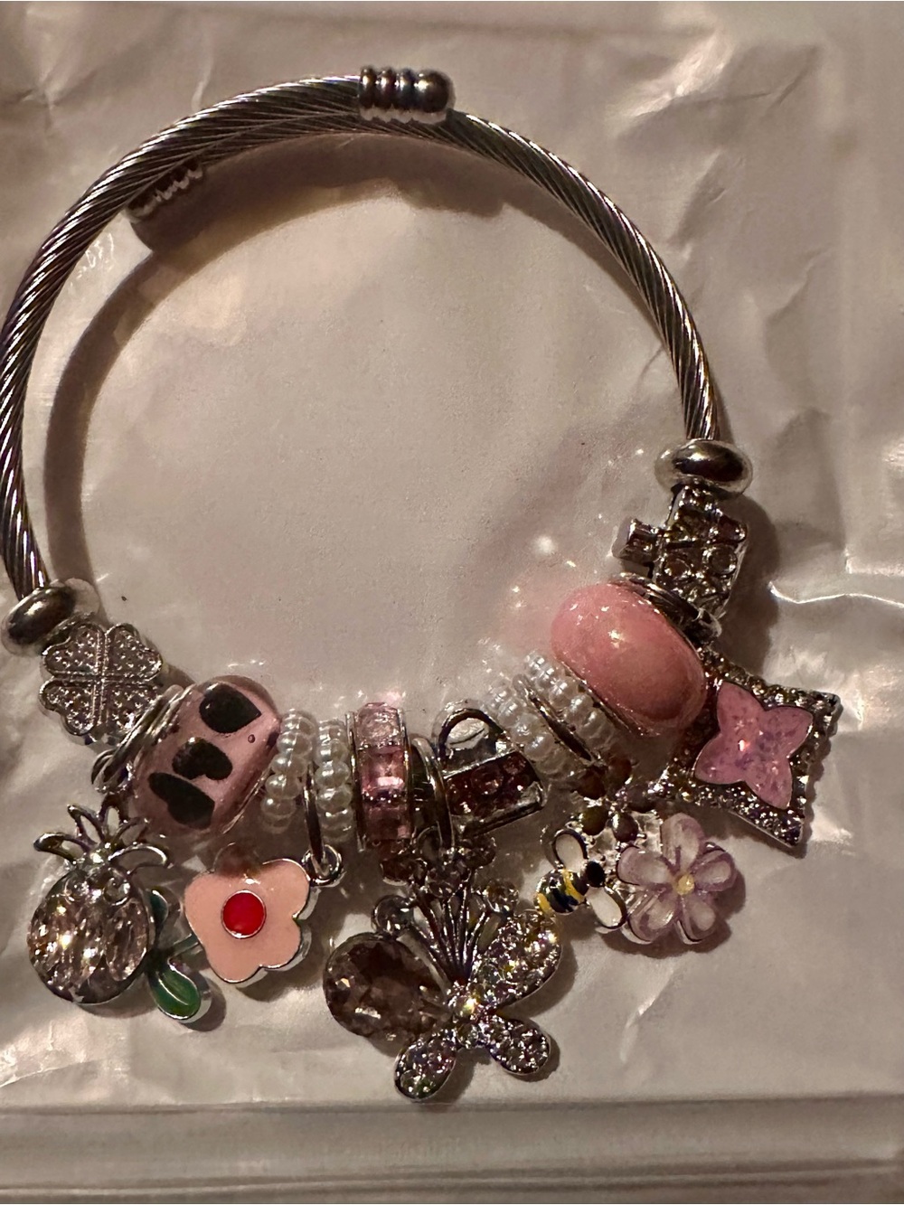 Pink Charm Bracelet Women’s Silver-Tone Beaded Bracelet